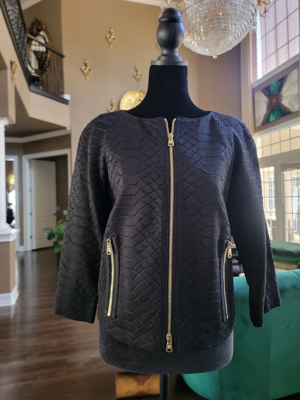 Versace Black Quilted Evening Jacket with Gold Zippers